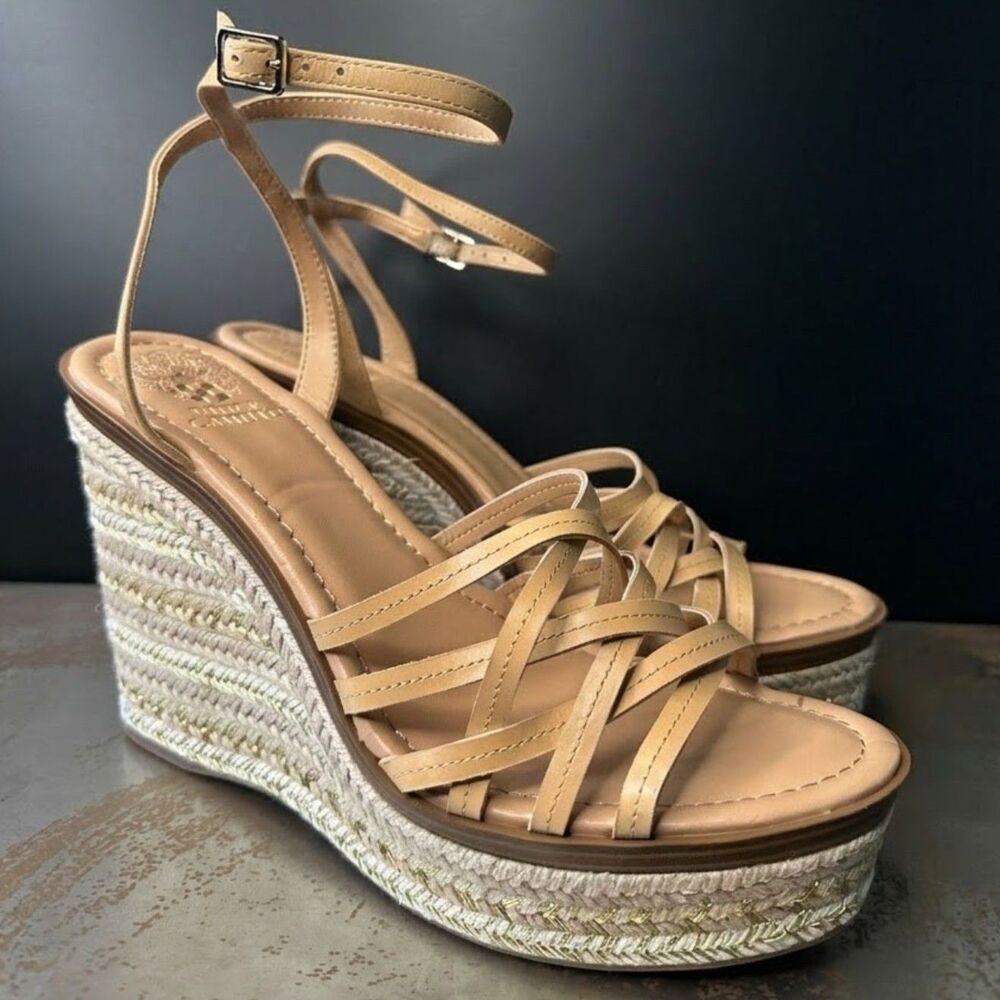 Vince Camuto Wedge Sandals 10 Espadrille Strappy Vacation Chic Nude Brown Parys